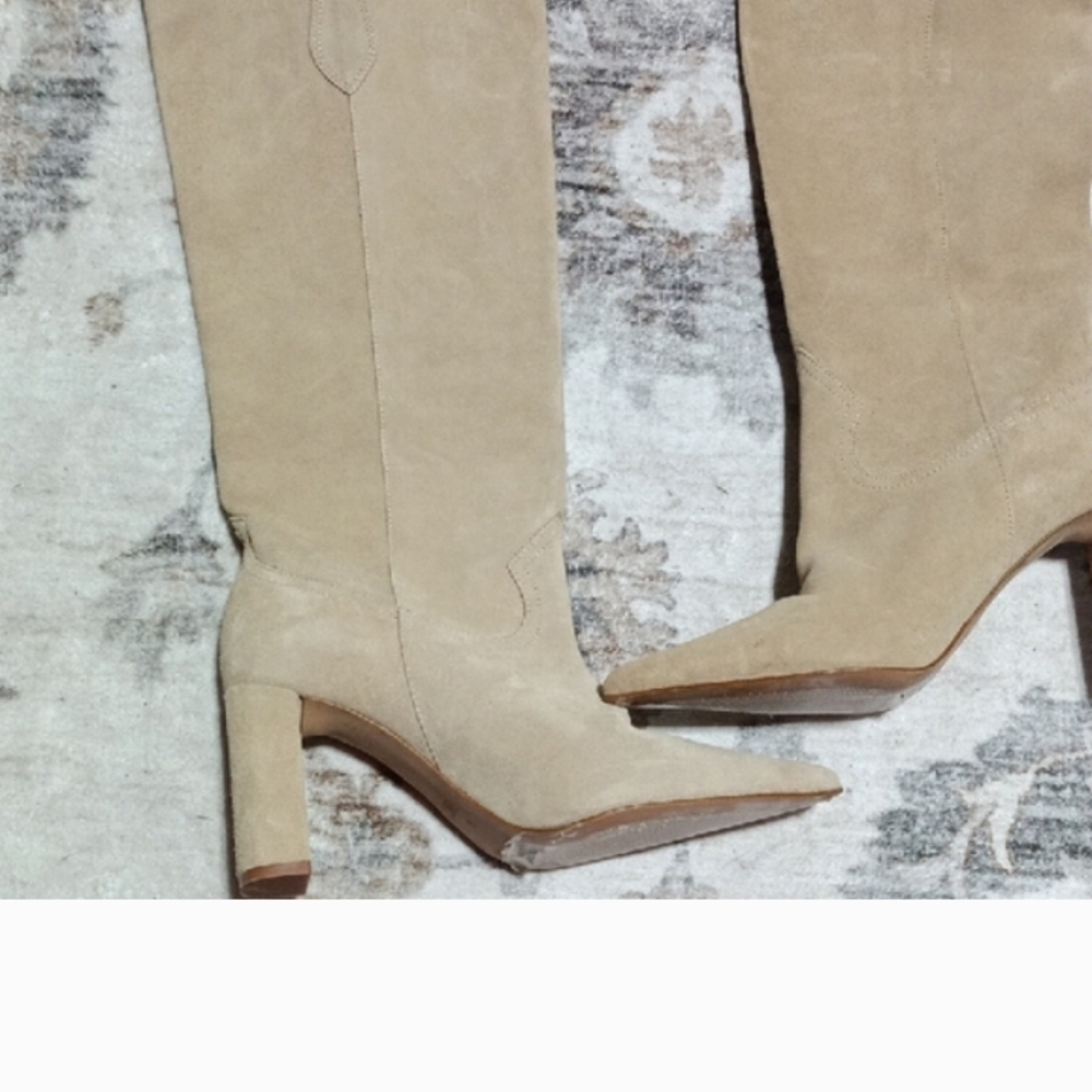 New Zara Tall Pointed Toe Suede Boots in Beige. Please Look At Pics Closely!